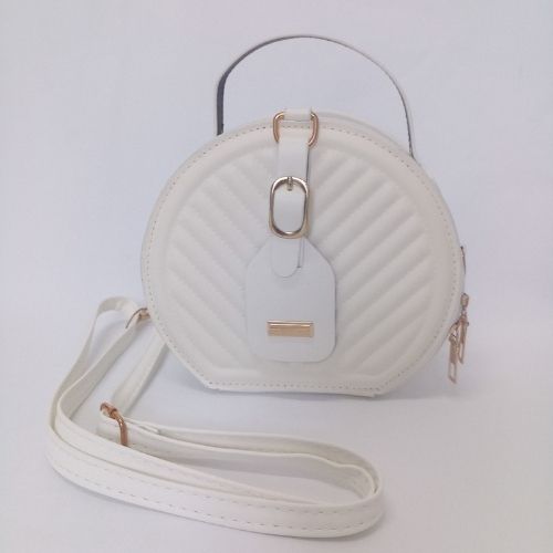 Faux Leather Quilted Round Crossbody Bag - Off White