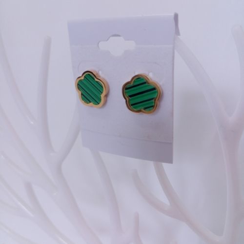 Stainless Gold Green Inlaid Four Leaf Clover Stud Earrings