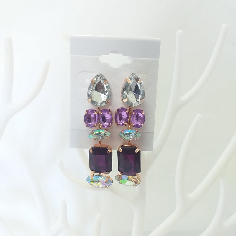 Faux Gems Mini Statement Drop Fashion Earrings - Purple