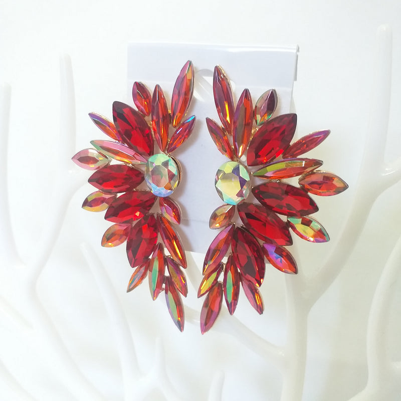 Gold Tone Gem Wings Statement Stud Fashion Earrings - Red