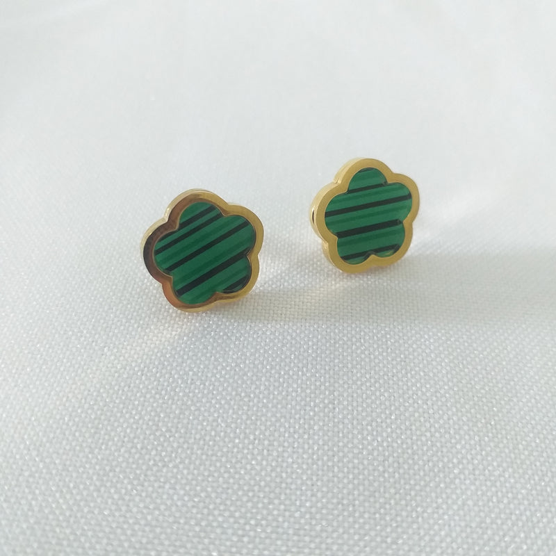 Stainless Gold Green Inlaid Four Leaf Clover Stud Earrings