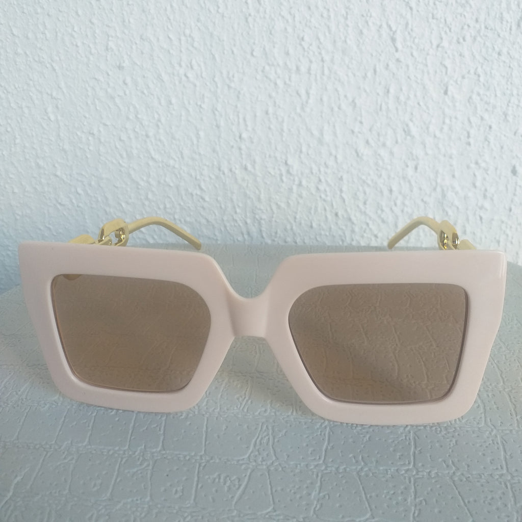 Beige Oversized Square Gold Chain Sunglasses - Fabbi