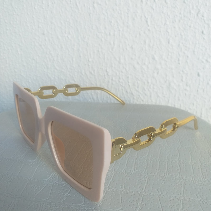 Beige Oversized Square Gold Chain Sunglasses - Fabbi