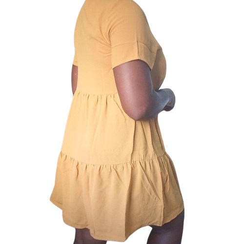 Mustard Short Sleeve Tiered Mini Dress