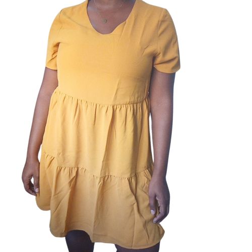 Mustard Short Sleeve Tiered Mini Dress