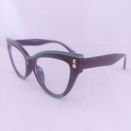 Dark Brown Green Trim  Cat Eye Thick Frame Clear Sunglasses - Cinthea