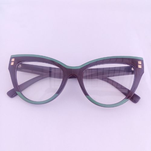 Dark Brown Green Trim  Cat Eye Thick Frame Clear Sunglasses - Cinthea