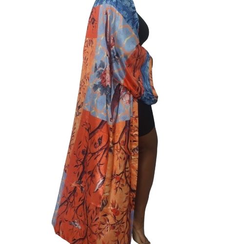 One Size Printed Satin Oriental Long Full Length Coverup - Orange