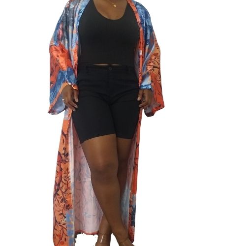 One Size Printed Satin Oriental Long Full Length Coverup - Orange