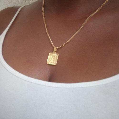 Stainless Gold Initial Square Pendant Necklace - B