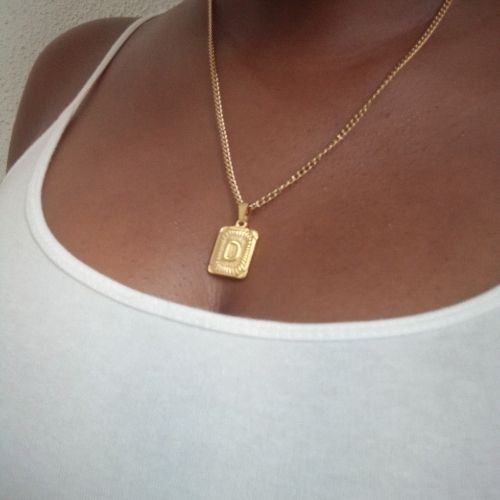 Stainless Gold Initial Square Pendant Necklace - D