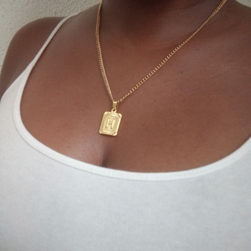 Stainless Gold Initial Square Pendant Necklace - H