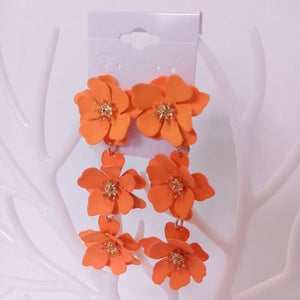 Gold Tone Flower Bunch Coated Drop Earrings - Orange