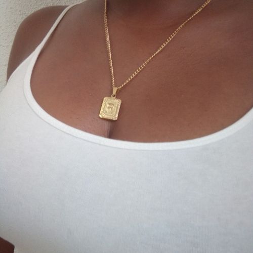 Stainless Gold Initial Square Pendant Necklace - R