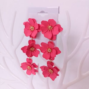 Gold Tone Flower Bunch Coated Drop Earrings - Pink