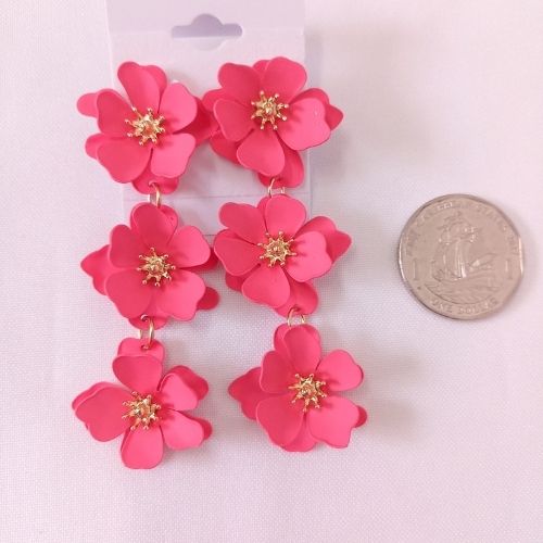 Gold Tone Flower Bunch Coated Drop Earrings - Pink