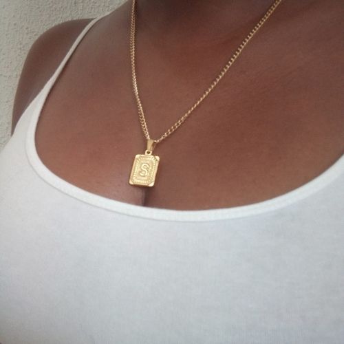 Stainless Gold Initial Square Pendant Necklace - S