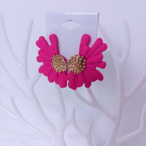 Gold Tone Half Sunflower Coated Stud Earrings - Magenta