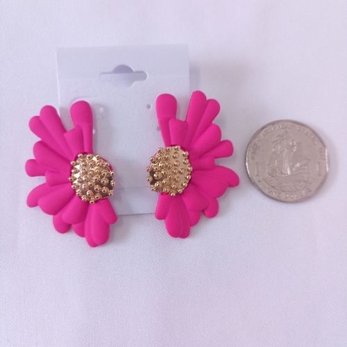 Gold Tone Half Sunflower Coated Stud Earrings - Magenta