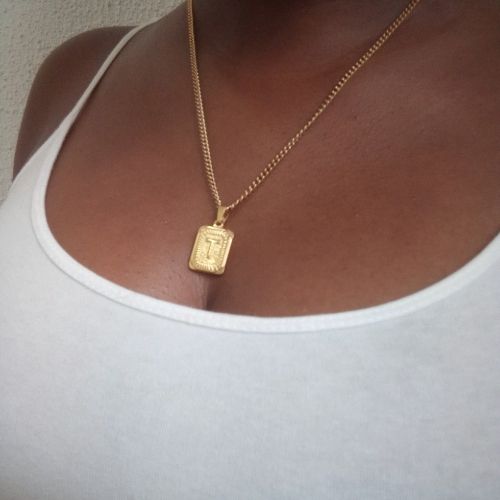 Stainless Gold Initial Square Pendant Necklace - T