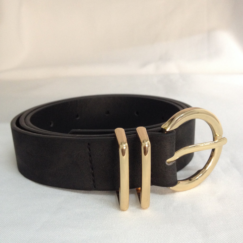 Gold Round Double Bar Belt - Black