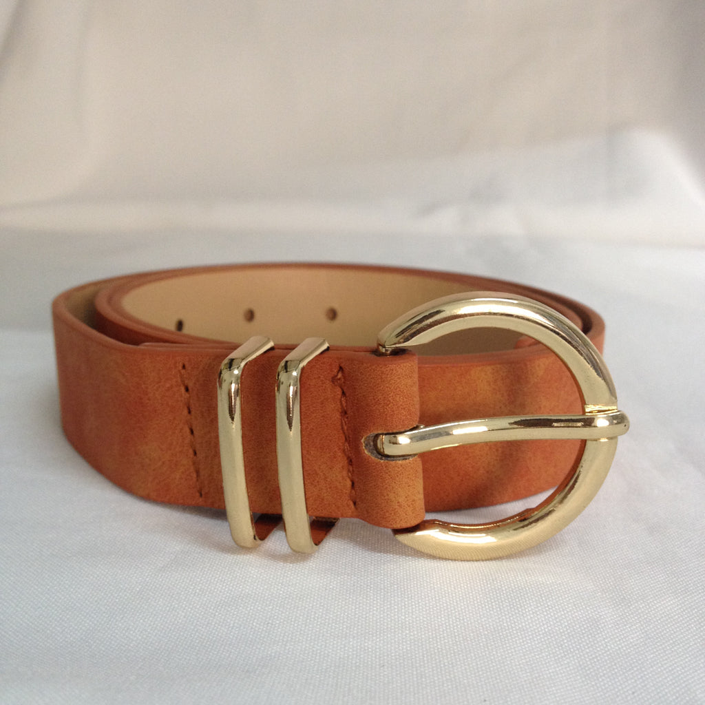 Gold Round Double Bar Belt - Camel