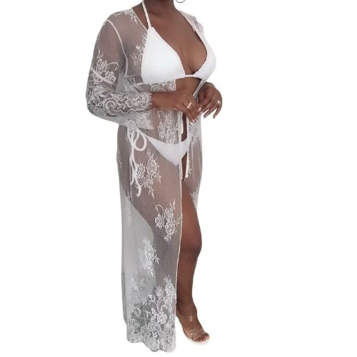 Sheer Lace Open Front Full Length Coverup - White