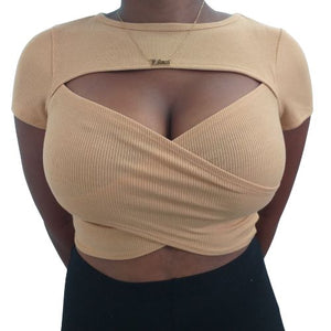 Ribbed Short Sleeve Cut Out Bandage Crop Top - Honey Beige