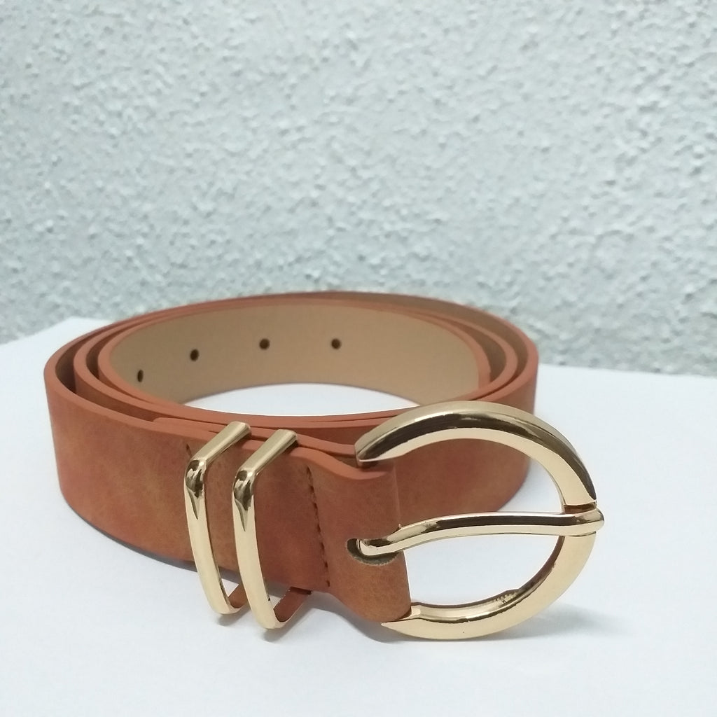 Gold Round Double Bar Belt - Camel