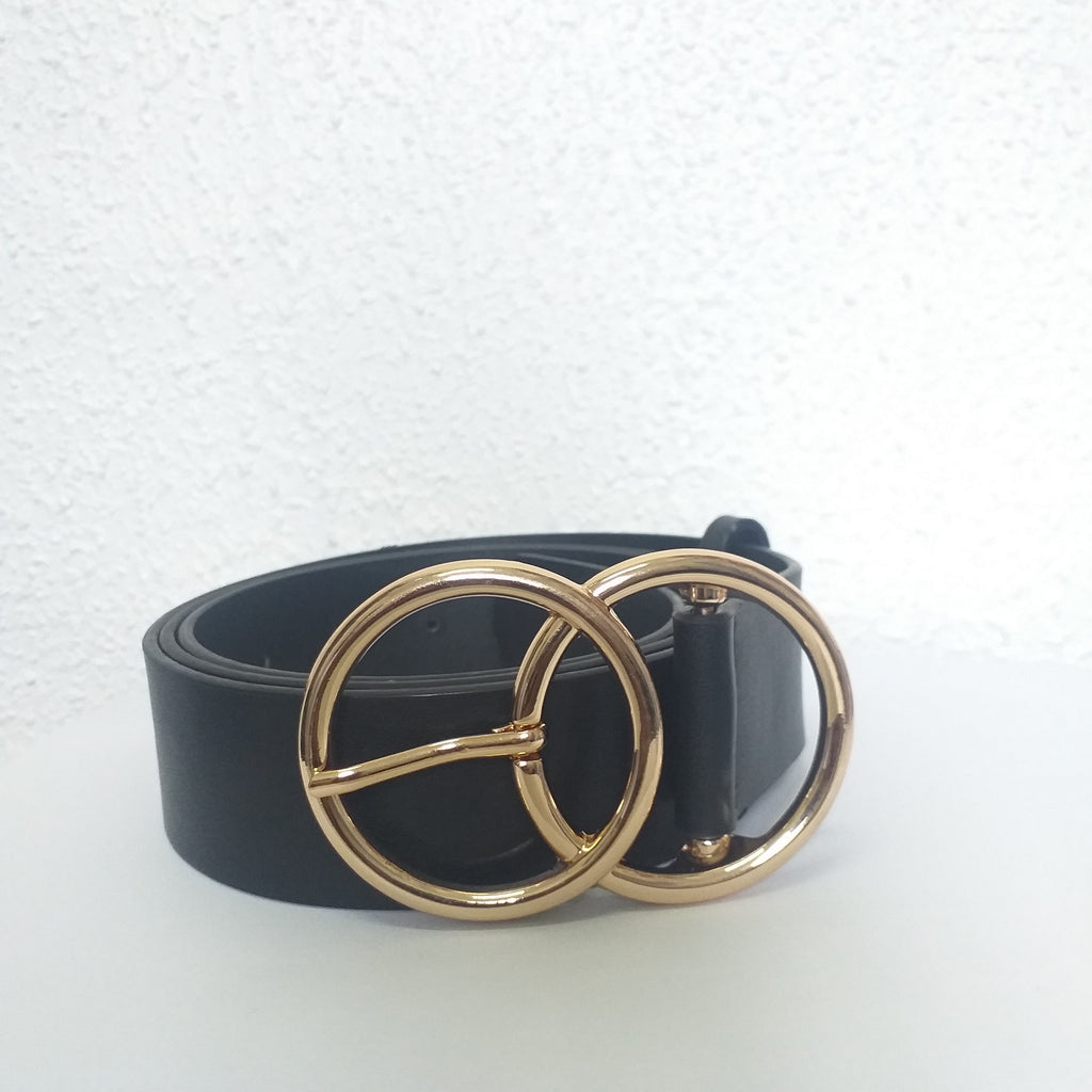 Plus Size Gold Double O Solid Faux Leather Belt - Black