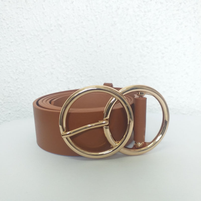 Plus Size Gold Double O Solid Faux Leather Belt - Brown