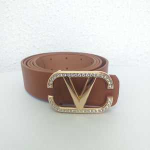 Plus Size Gold V Solid Rhinestone Faux Leather Belt - Brown