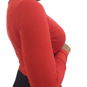 Ribbed Long Sleeve Cut Out Crop Top - Red