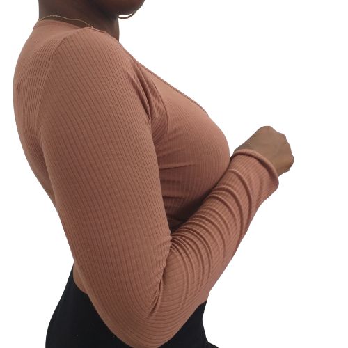 Ribbed Long Sleeve Cut Out Crop Top - Toffee